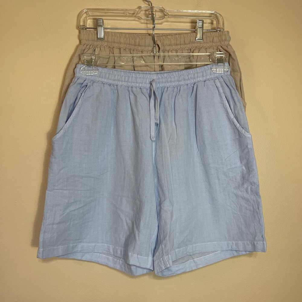 NEW (Lot of 2) La Llama Luxe Womens 100% Peruvian Cotton Shorts Blue Beige L